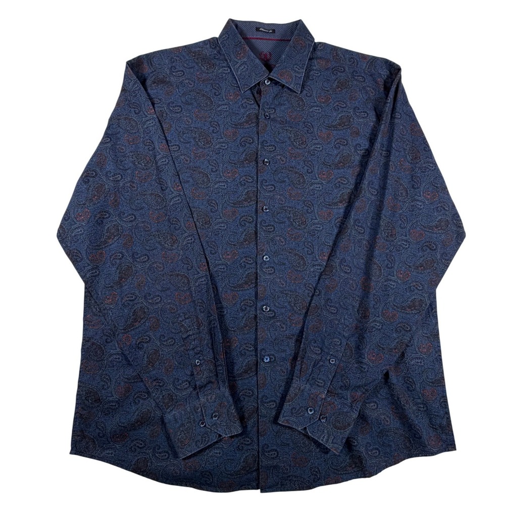 Bugatchi Uomo Classic Fit Paisley Button Down Shirt Blue Orange Long‎ Sleeve XL